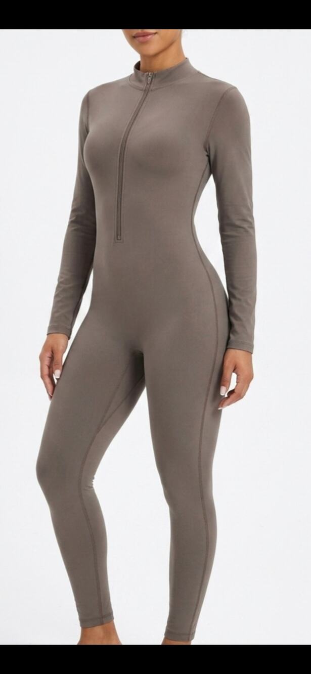 ECUPPER Mock Neck Half-Zip Active One-Piece Long Sleeve Bodysuit Taupe